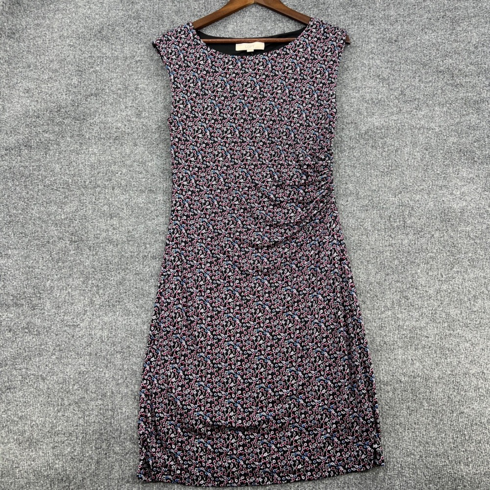 LOFT Floral Sleeveless Sheath Dress Women Medium Black Pink Ruched Work Office
